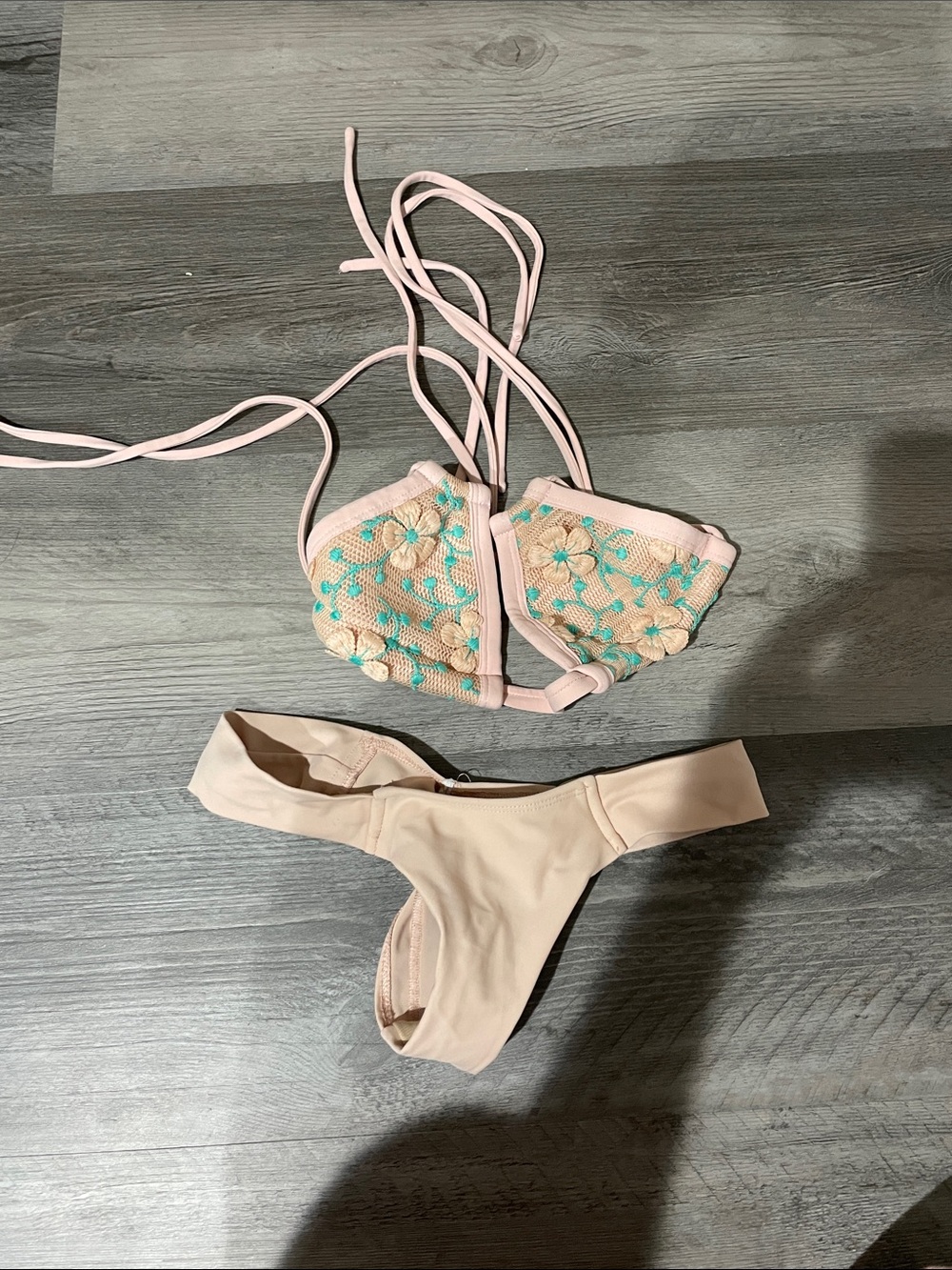 Montce Pink Floral Embroidered Bikini Set with Aqua Accents